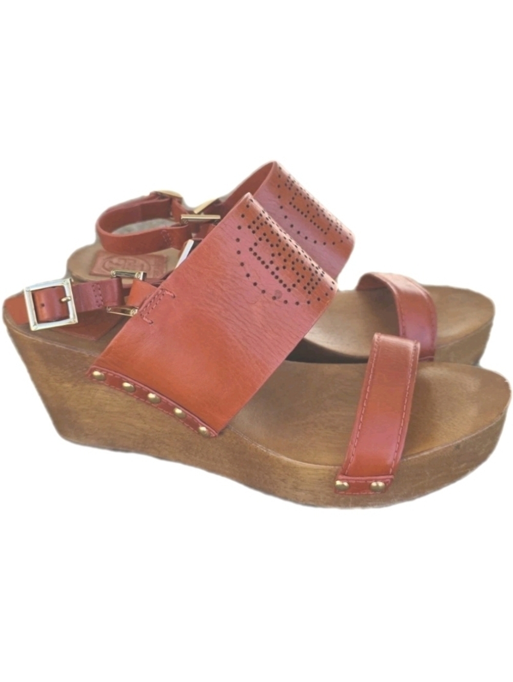 Tory Burch Womens Orange Gold  Leather Wooden Wedge Sandals Size 9 Boho Preppy